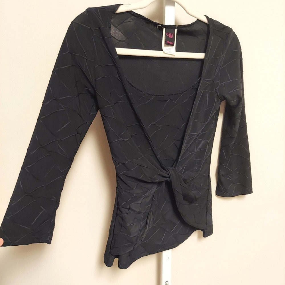 Wrapper Womens Black Textured Twist Front 3/4 Sleeve Top Small Y2K Whimsigoth